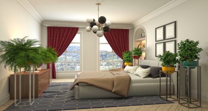 Bedroom interior featuring biophilic design with natural elements